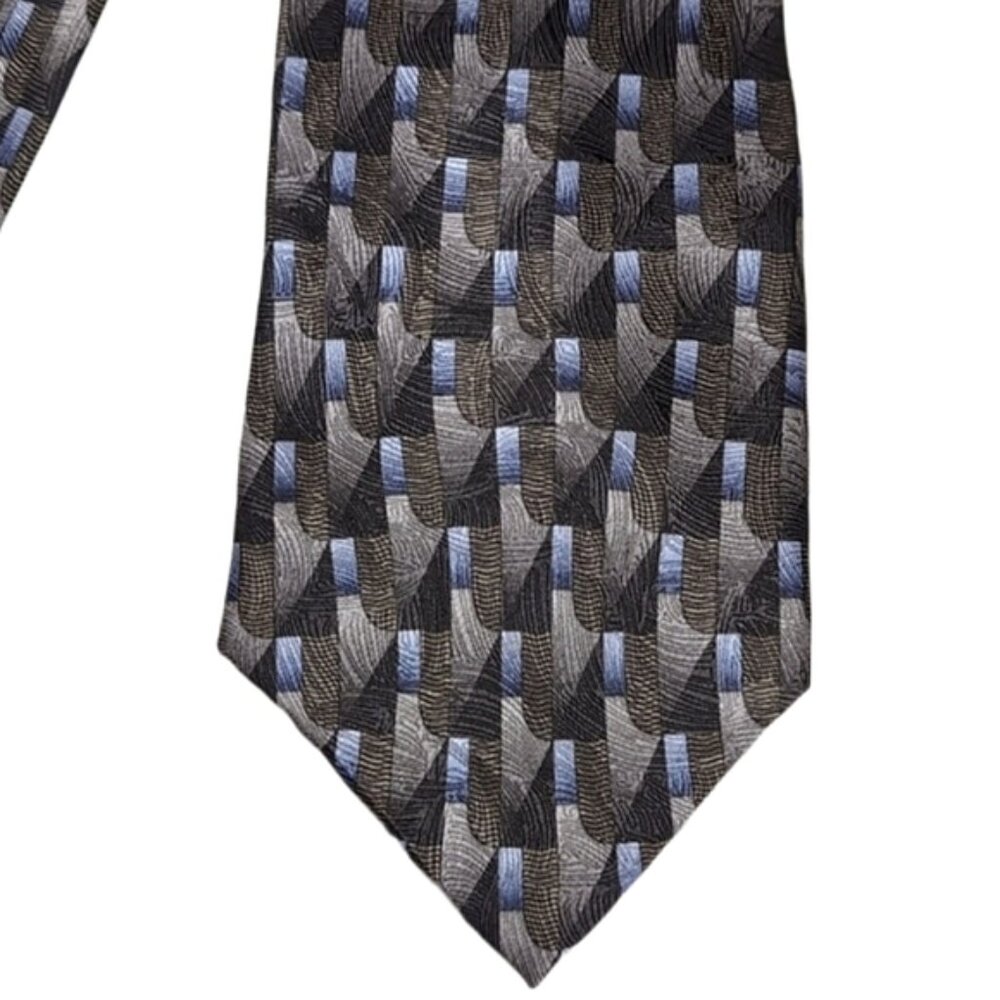 Z Inc Pure Silk Mens Tie Geometric 4" Wide Vintage Necktie Black Blue Gray